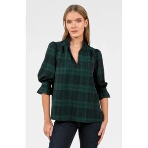NWT Gretchen Scott Tuckernuck Ruffleneck Tunic Plaid Top Green Blackwatch Size L